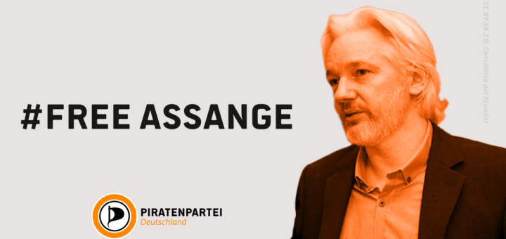 Proträt von Julian Assange und der Text "Free Assange"